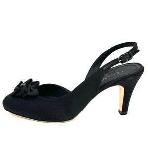CHANEL 13P Black Satin Crystal Jewel CC Bow Slingback Sandals Heels Shoes